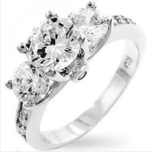 Silver Deco Engagement Ring Size 9 10 Rhodium Plated Solitaire Cubic Zirconia - Picture 3 of 8